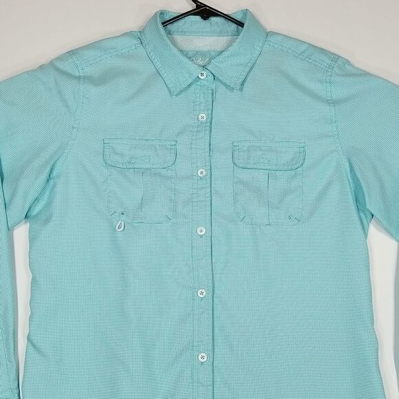Cabelas Shirt Womens Large Button-Down Regular Fit Long Sleeve Green White - Picture 2 of 10